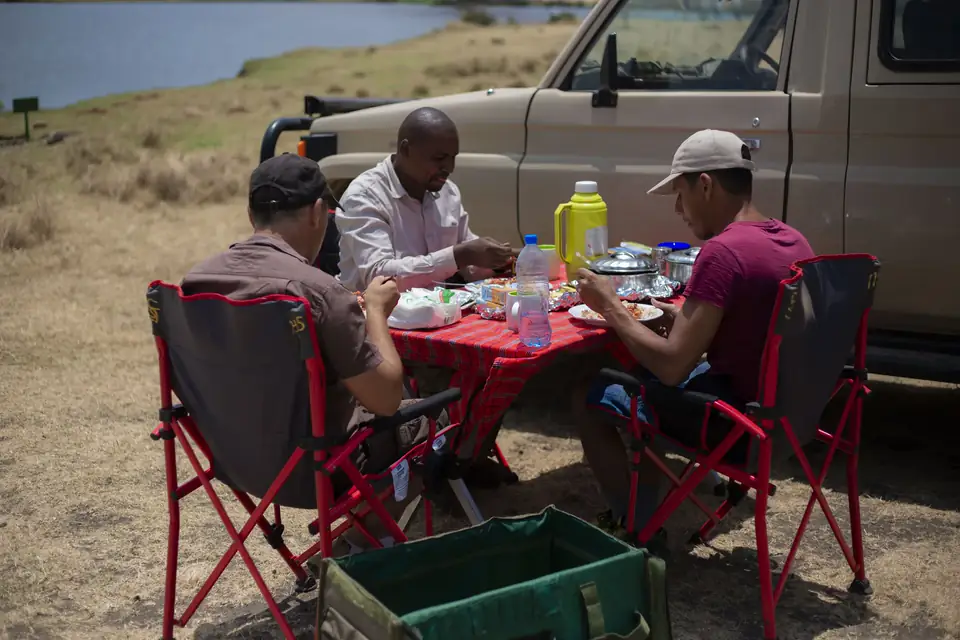 Kitano guide sharing a safari picnic with guests beside the safari vehicle